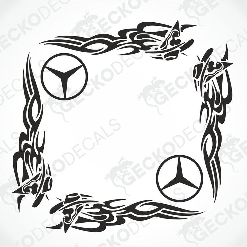 A set of two black tribal patterned decals for a vehicle's side window, featuring the Mercedes-Benz logo.