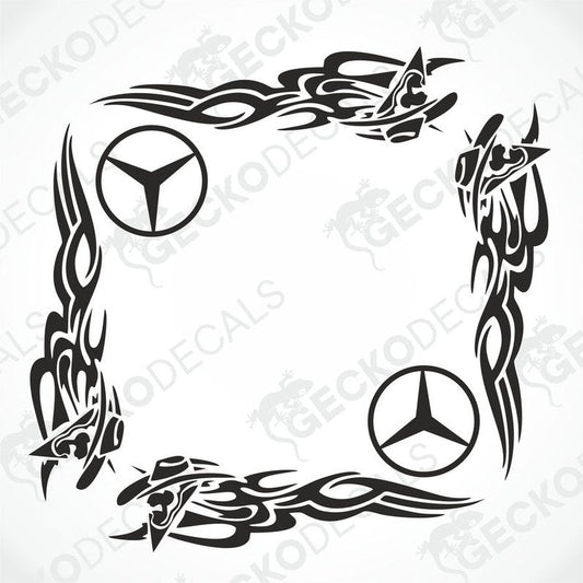 A set of two black tribal patterned decals for a vehicle's side window, featuring the Mercedes-Benz logo.
