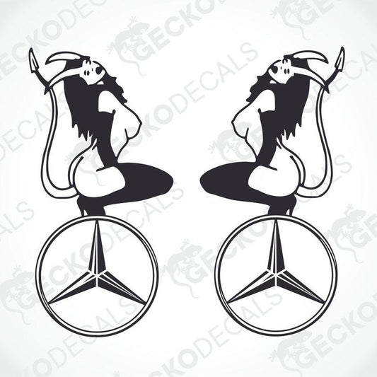 A pair of black and white die cut decals featuring a stylized devilish figure sitting on a unicycle, with the Mercedes-Benz star logo replacing the traditional bicycle wheel.