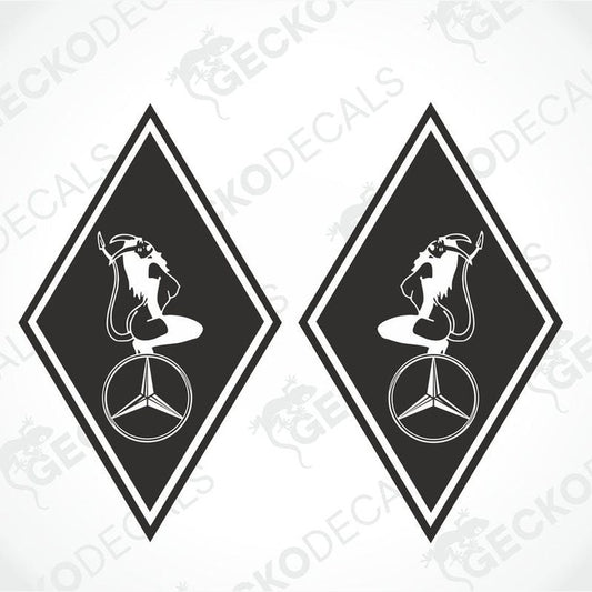 Two black and white vehicle decals of a mercedes-benz logo, one with the benz logo upright and the other with the logo on its side.