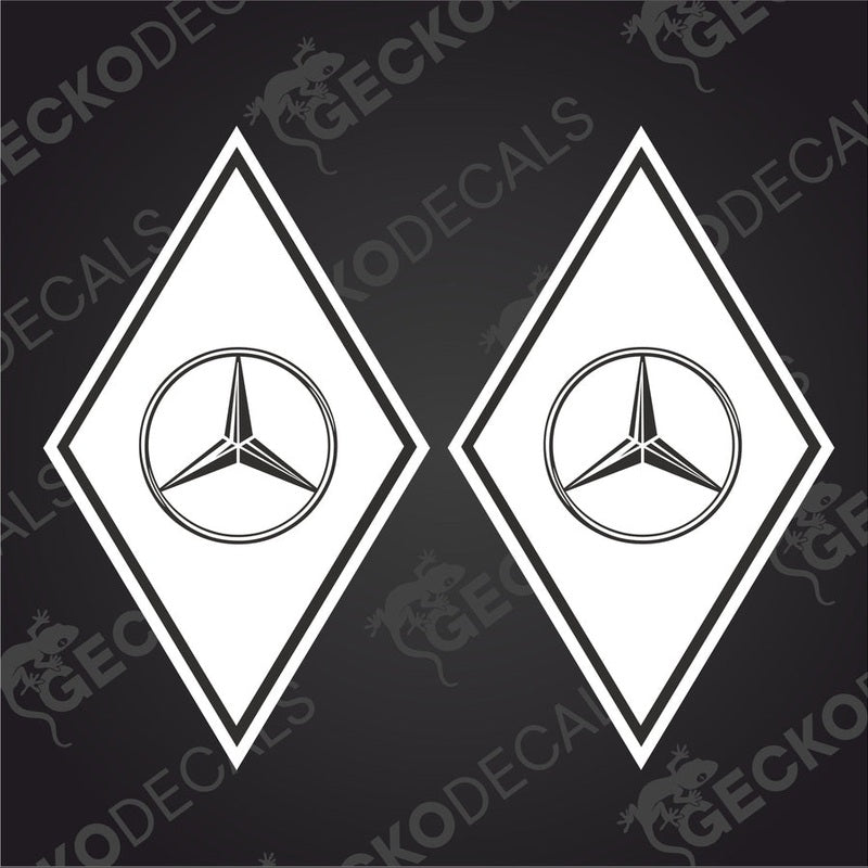 Two diamond-shaped vehicle decals featuring the Mercedes-Benz logo in black and white.