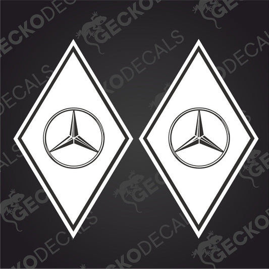 Two diamond-shaped vehicle decals featuring the Mercedes-Benz logo in black and white.