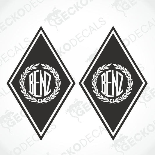 Two black and white diamond-shaped decals with the Mercedes-Benz logo and the word 'BENZ' inside them, surrounded by a laurel wreath.