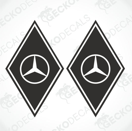 Two black diamond-shaped vehicle decals with the Mercedes-Benz logo in white.