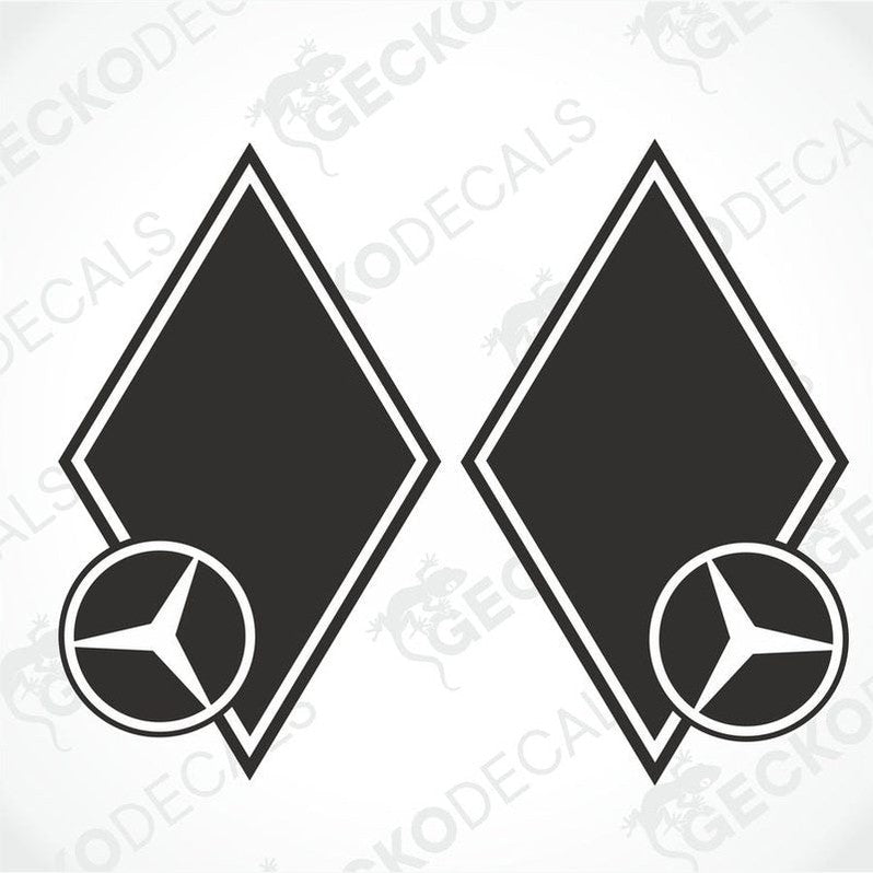 Two black and white vehicle decals featuring a diamond-shaped design with the Mercedes-Benz logo on the top and a peace sign on the bottom.