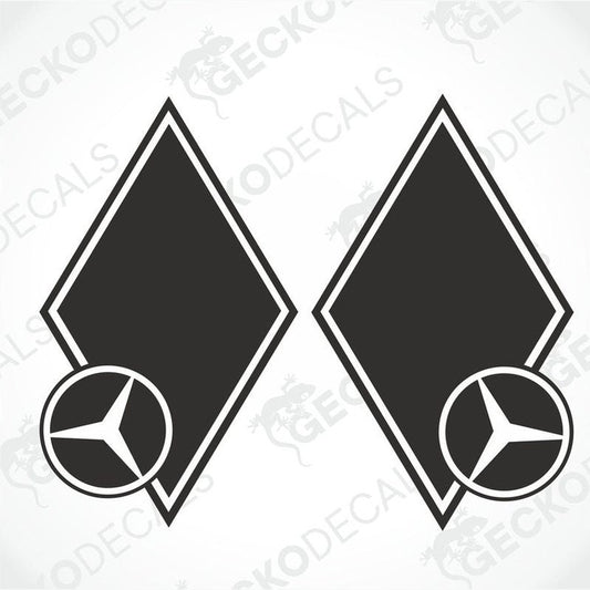Two black and white vehicle decals featuring a diamond-shaped design with the Mercedes-Benz logo on the top and a peace sign on the bottom.