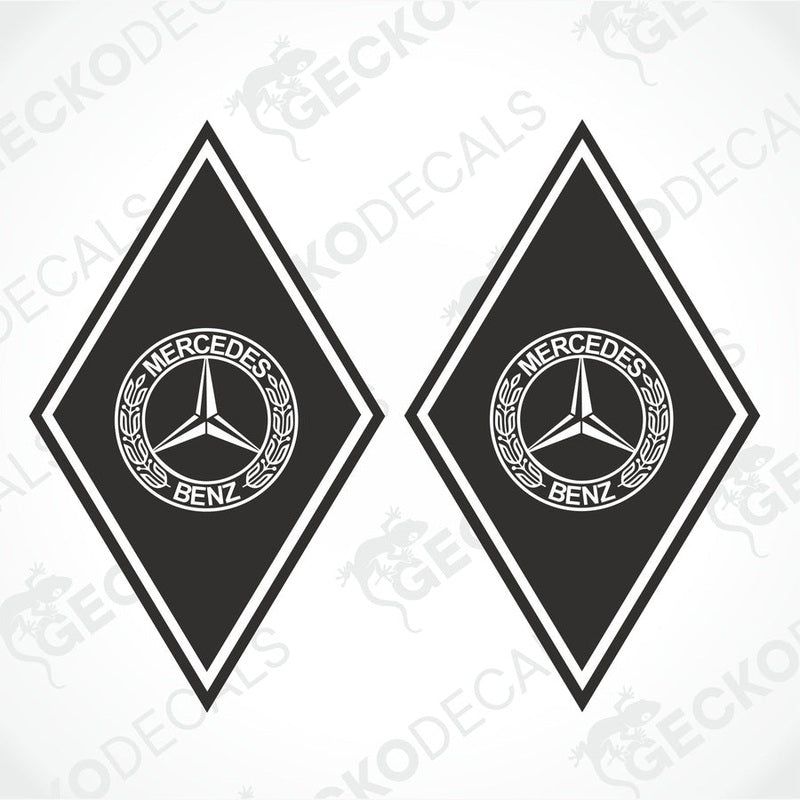 Two black and white geometric shaped decals with the Mercedes-Benz brand logo.