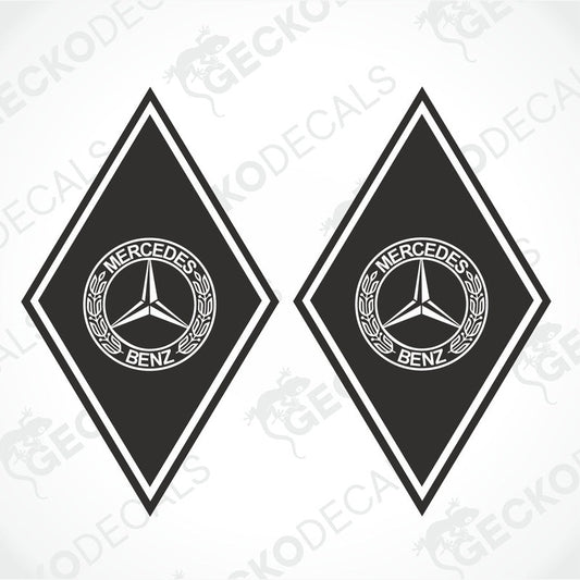 Two black and white geometric shaped decals with the Mercedes-Benz brand logo.