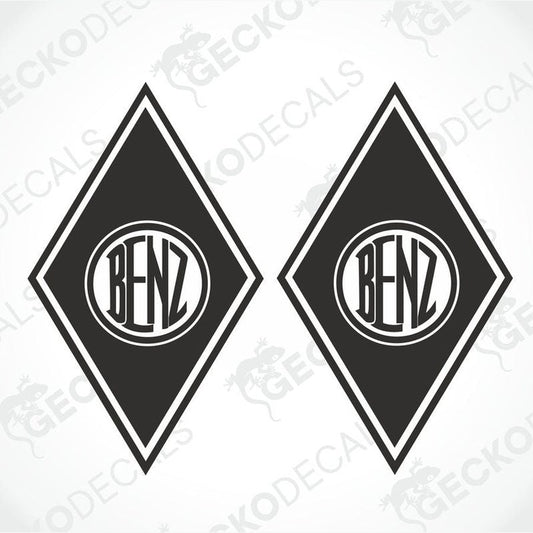 Two black and white diamond-shaped vehicle decals with the BENZ logo.