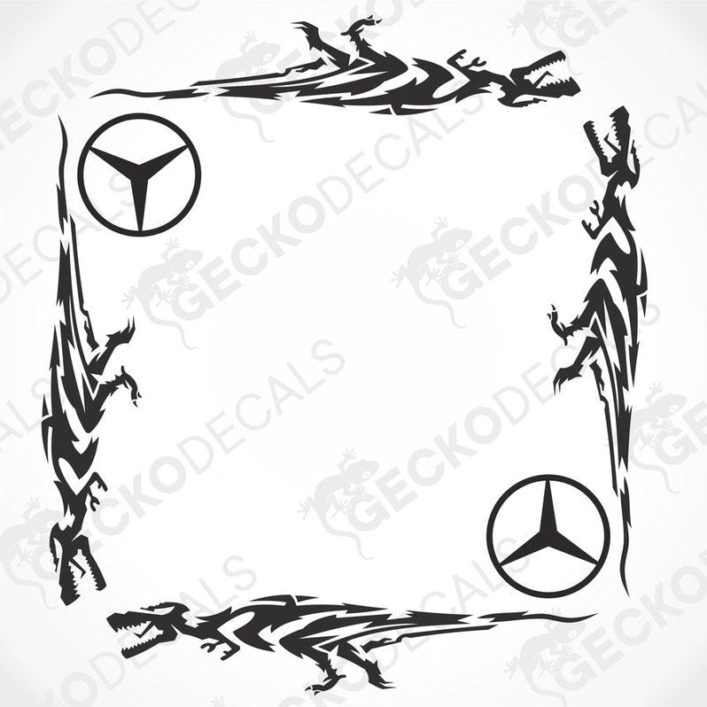 A set of die-cut stickers with a Mercedes-Benz logo and dinosaur tribal patterns, intended for use on side windows of a truck.