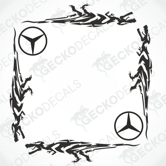 A set of die-cut stickers with a Mercedes-Benz logo and dinosaur tribal patterns, intended for use on side windows of a truck.