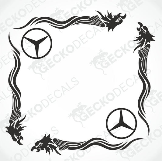 A black and white image of a die-cut decal set for Mercedes-Benz vehicles, featuring tribal eagle designs for side window placement.
