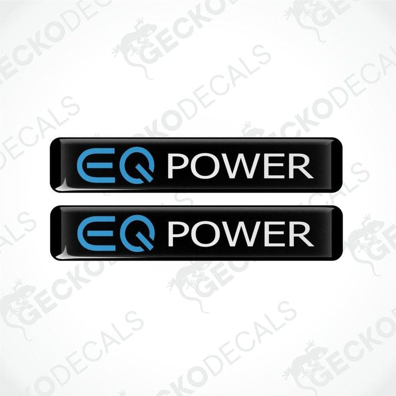 Two 'EQ Power' decals with blue and white text on a black background, branded with Gecko Decals.