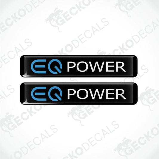 Two 'EQ Power' decals with blue and white text on a black background, branded with Gecko Decals.
