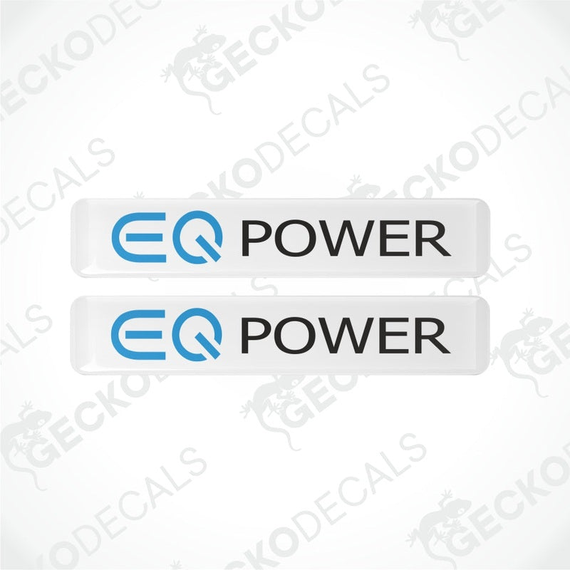 Two 'EQ Power' decals with blue and black text on a white background.