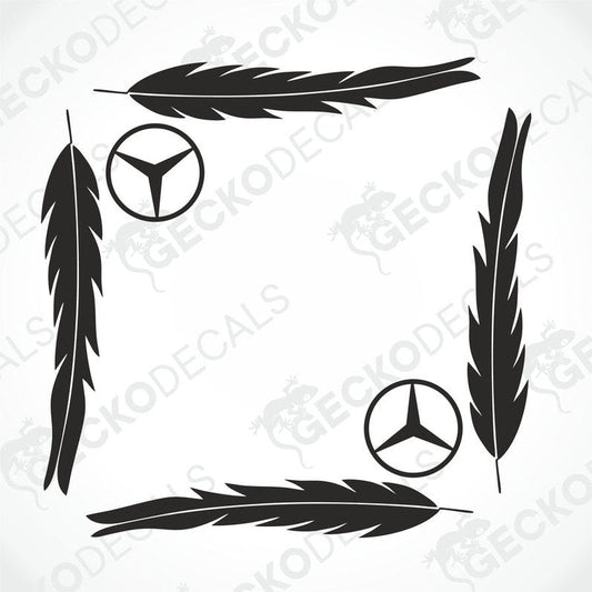 A set of black feather-shaped decals with Mercedes-Benz logos at the center, intended for vehicle window decoration.