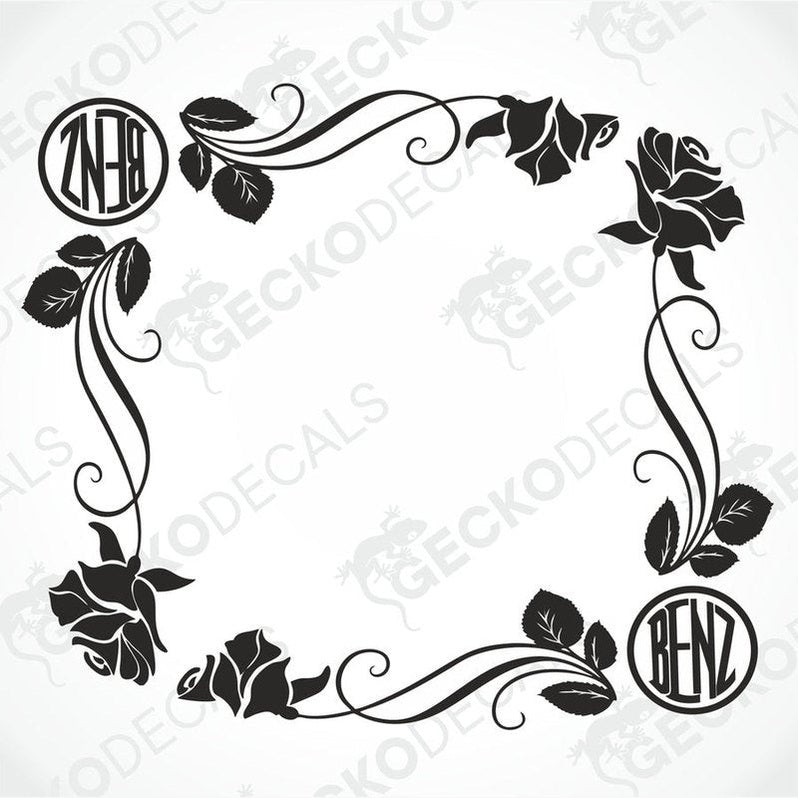 A set of black and white floral side window decals with the Mercedes-Benz logo.