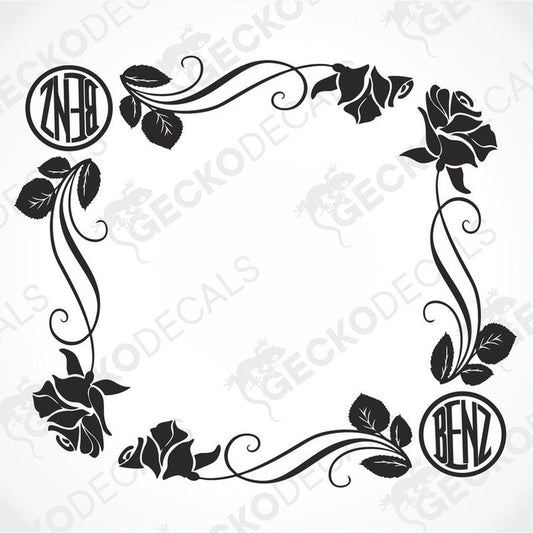 A set of black and white floral side window decals with the Mercedes-Benz logo.