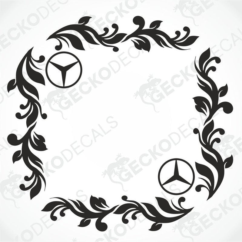 A set of black and white floral side window decals for a Mercedes-Benz vehicle.