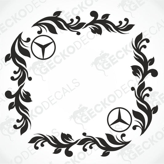 A set of black and white floral side window decals for a Mercedes-Benz vehicle.