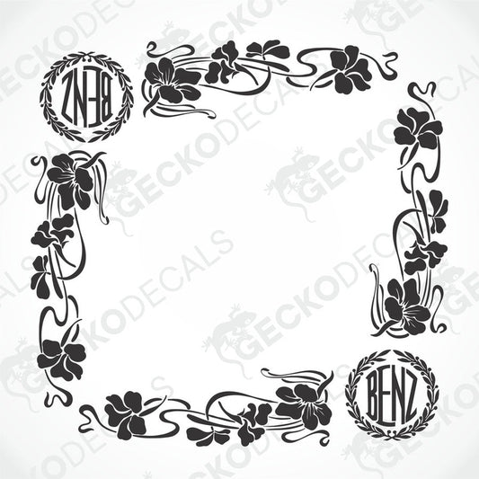 A black and white image of a die-cut floral decal with the Mercedes-Benz logo, designed for use on side windows of vehicles.