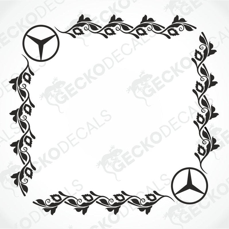 A set of black and white floral side window decals with a Mercedes-Benz logo in the center.