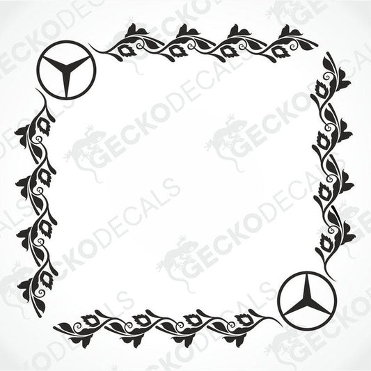 A set of black and white floral side window decals with a Mercedes-Benz logo in the center.