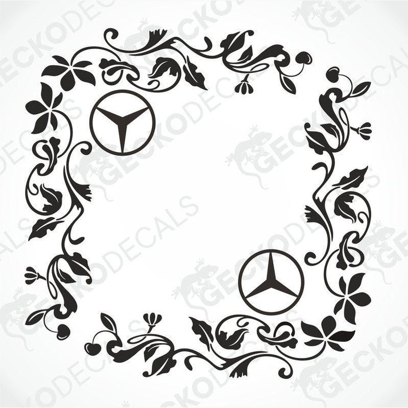 A black floral side window decal with the Mercedes-Benz logo in the center, designed for use on a vehicle.