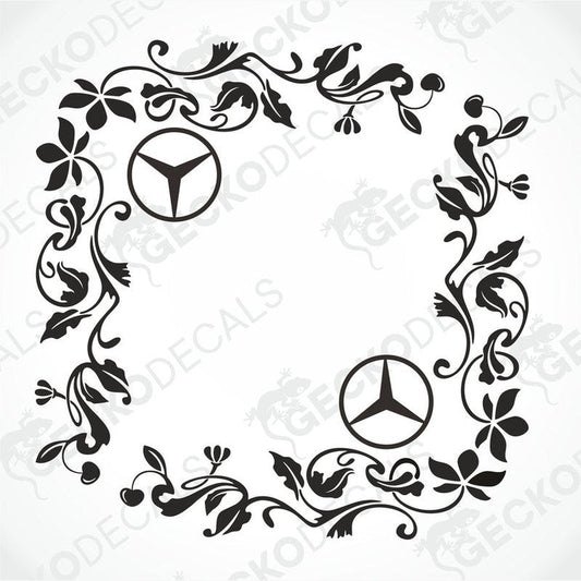 A black floral side window decal with the Mercedes-Benz logo in the center, designed for use on a vehicle.