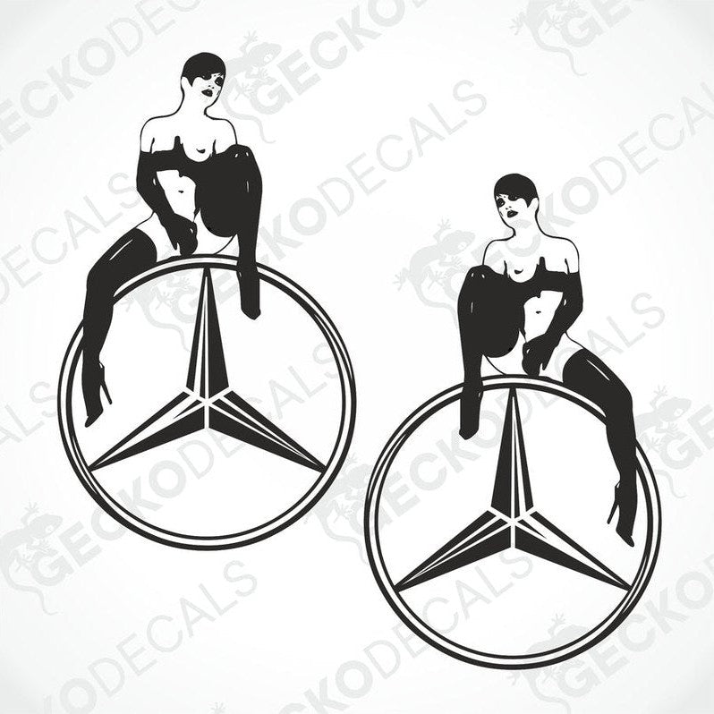 Two black and white stickers of a girl sitting on a mercedes-benz, with the mercedes-benz logo on the car.