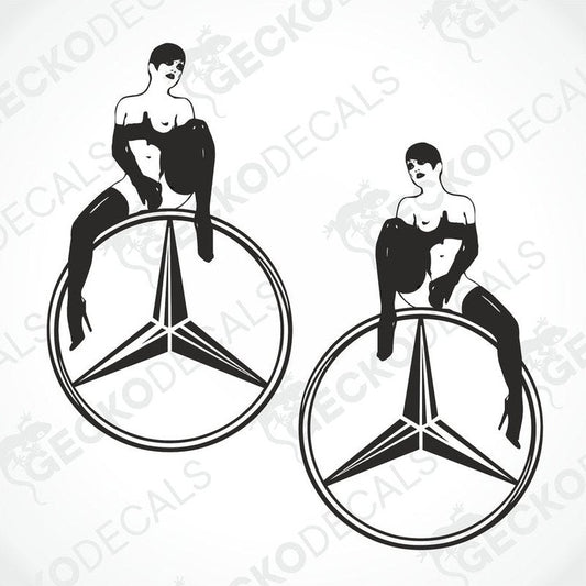 Two black and white stickers of a girl sitting on a mercedes-benz, with the mercedes-benz logo on the car.