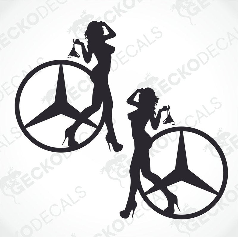Two black silhouette decals of women with the Mercedes-Benz star symbol instead of heads. One decal is labeled 'Right' and the other 'Left', indicating they are designed for use on a vehicle.