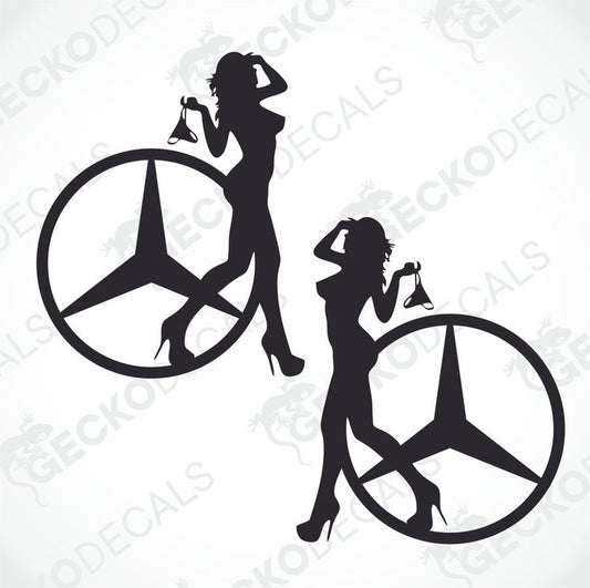 Two black silhouette decals of women with the Mercedes-Benz star symbol instead of heads. One decal is labeled 'Right' and the other 'Left', indicating they are designed for use on a vehicle.