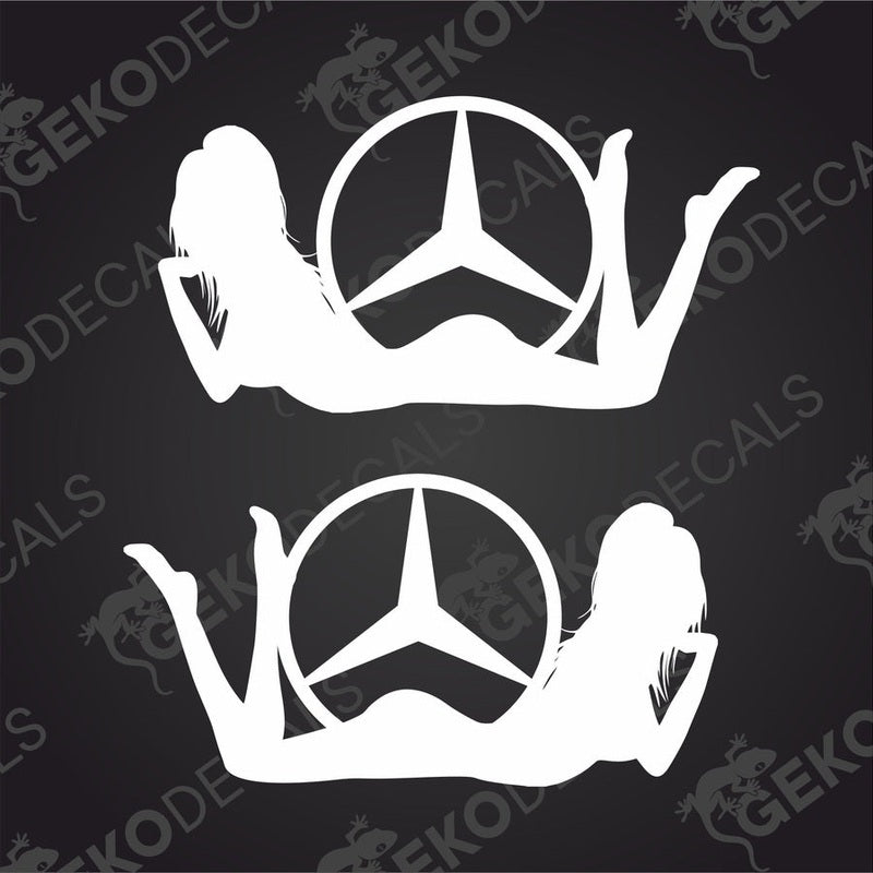 A pair of white die cut decals featuring a stylized female figure with the Mercedes-Benz star logo, intended for use on vehicles.