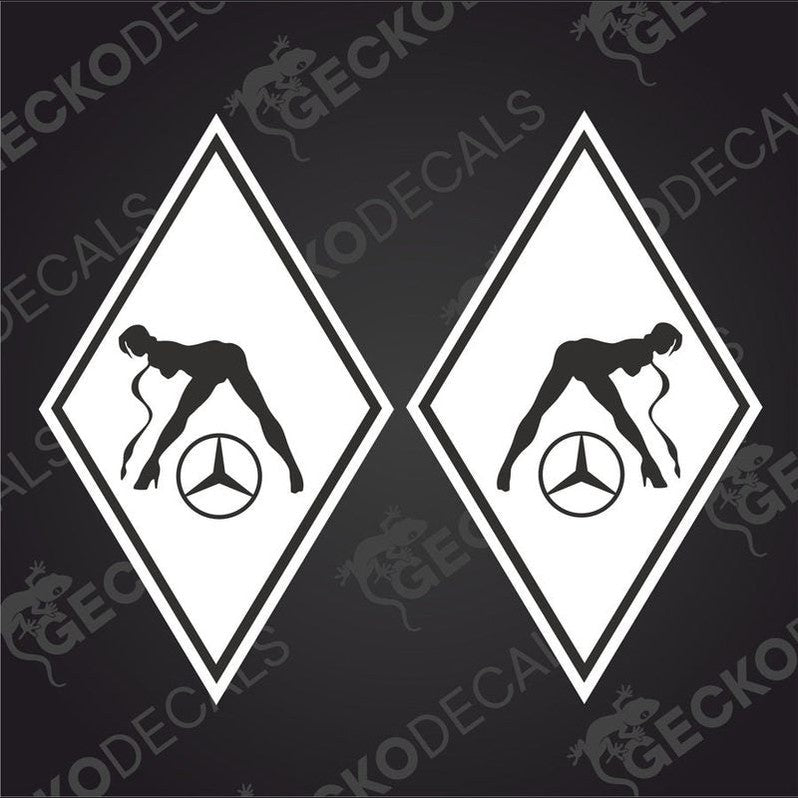 A set of two white vehicle decals featuring a diamond-shaped design with a Mercedes-Benz logo on it.