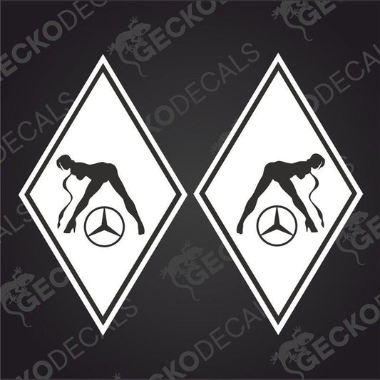 A set of two white vehicle decals featuring a diamond-shaped design with a Mercedes-Benz logo on it.