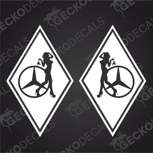 A pair of white decals featuring a silhouette of a girl with a diamond shape and the Mercedes-Benz logo inside it.