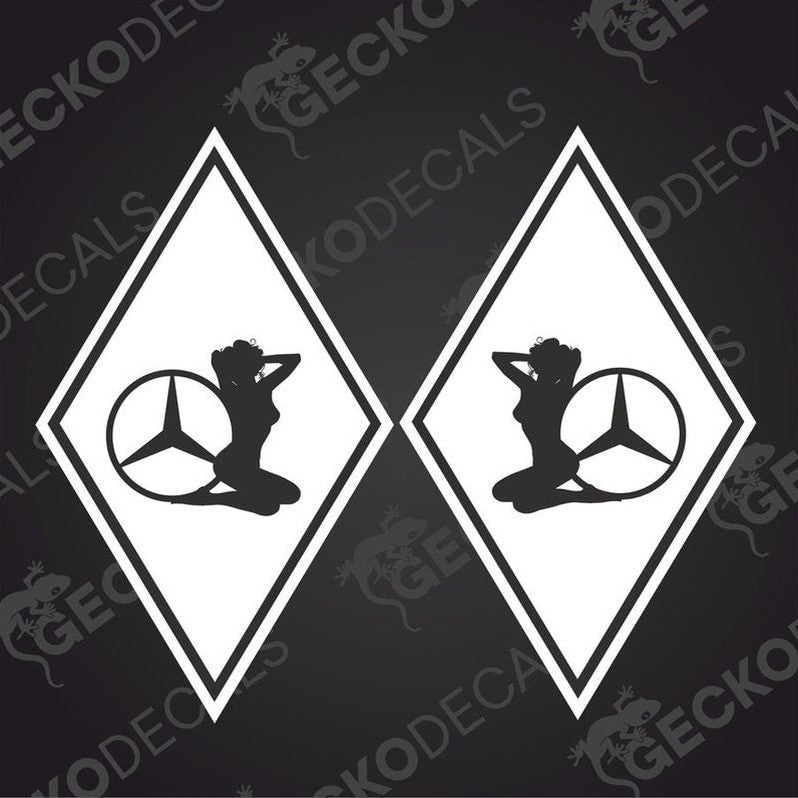 A set of two black and white die cut stickers with a mercedes-benz girl diamond design, delivered on transfer paper.