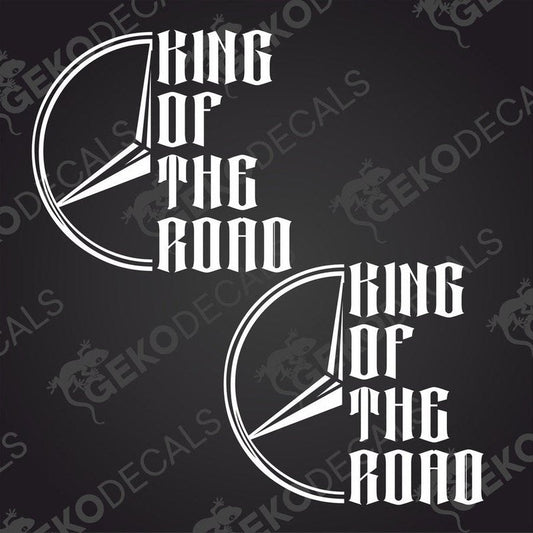 Two black and white die cut stickers with the text 'KING OF THE ROAD' and a Mercedes-Benz logo.