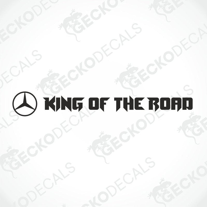 A die cut decal with the text 'KING OF THE ROAD' displayed on the front of a gray truck, representing the product.