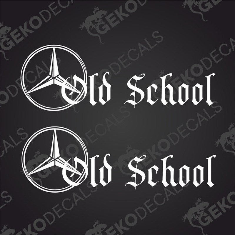 Two black decals with the text 'OLD SCHOOL' and a Mercedes-Benz logo on a white background.