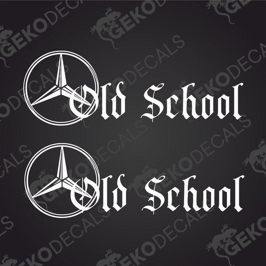Two black decals with the text 'OLD SCHOOL' and a Mercedes-Benz logo on a white background.