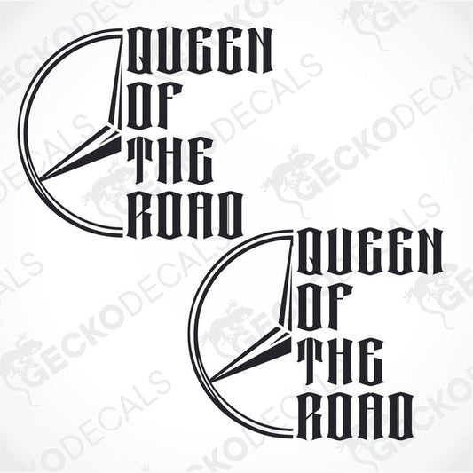 Two black and white die cut stickers with the text 'QUEEN OF THE ROAD' and a Mercedes-Benz logo.