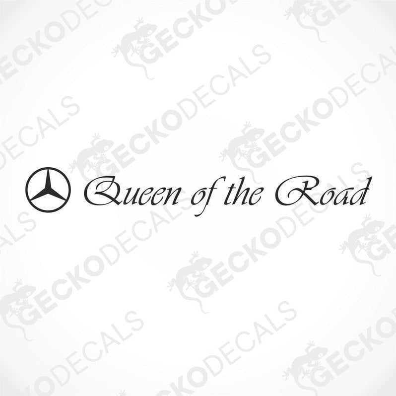 A die cut decal with the phrase 'Queen of the Road' displayed on the windshield of a gray truck.