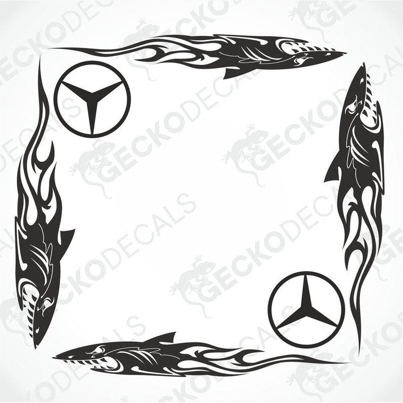 A set of two black tribal shark decals designed for vehicle side window decoration, featuring the Mercedes-Benz logo.