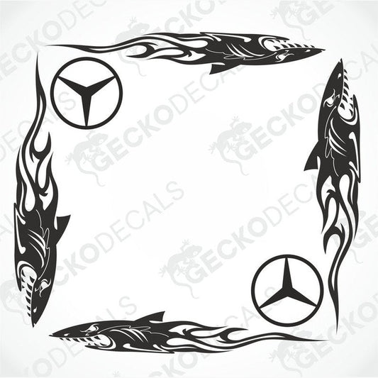 A set of two black tribal shark decals designed for vehicle side window decoration, featuring the Mercedes-Benz logo.