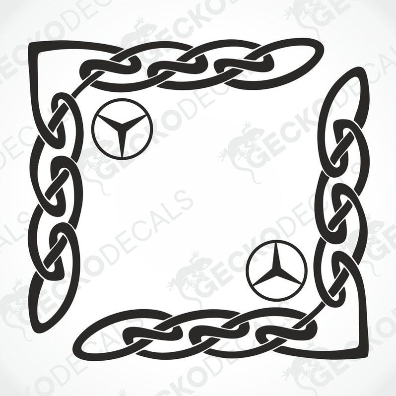 A black and white tribal patterned die cut sticker designed for vehicle side window placement, featuring the Mercedes-Benz star logo.
