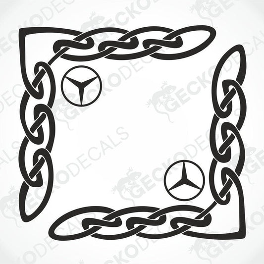 A black and white tribal patterned die cut sticker designed for vehicle side window placement, featuring the Mercedes-Benz star logo.