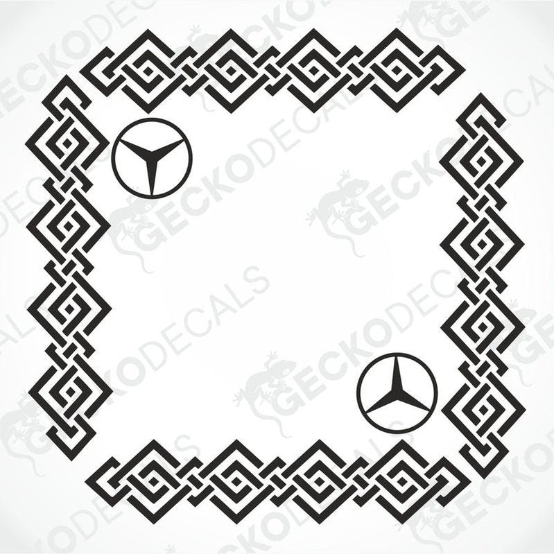 A black and white geometric patterned decal with Mercedes-Benz logos at the corners, intended for use on vehicle side windows.