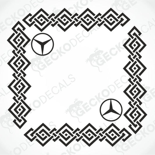 A black and white geometric patterned decal with Mercedes-Benz logos at the corners, intended for use on vehicle side windows.